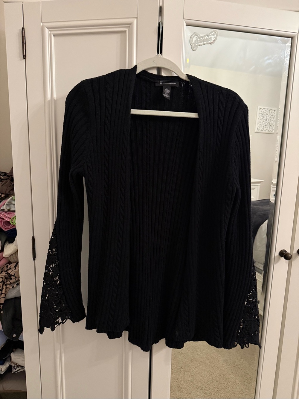 Black Women's Open-Front Knit Sweater with Crochet Bell Sleeves